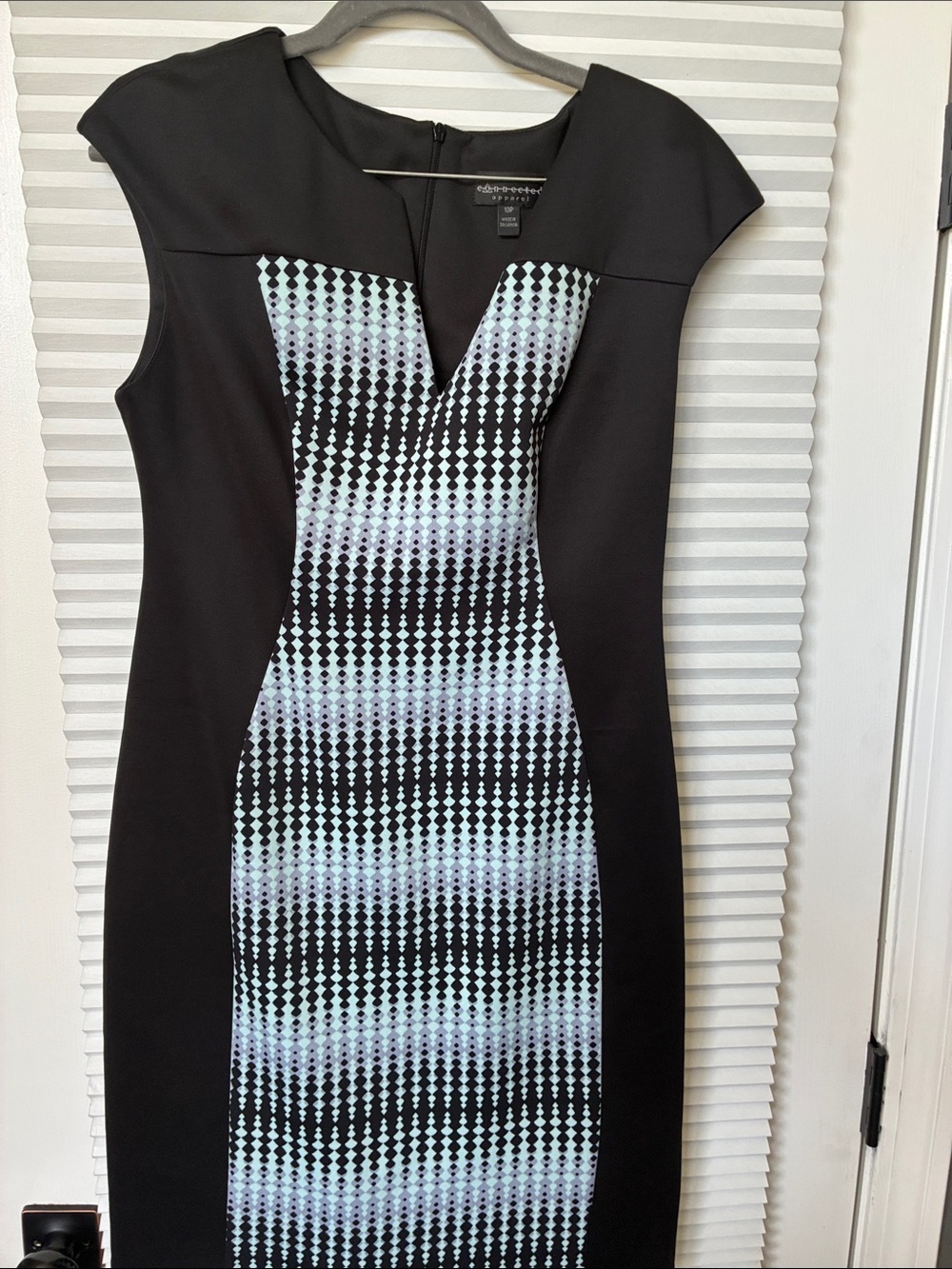 Connected Apparel Black Slimming Dress with Aqua Patterned Front Sz 10P